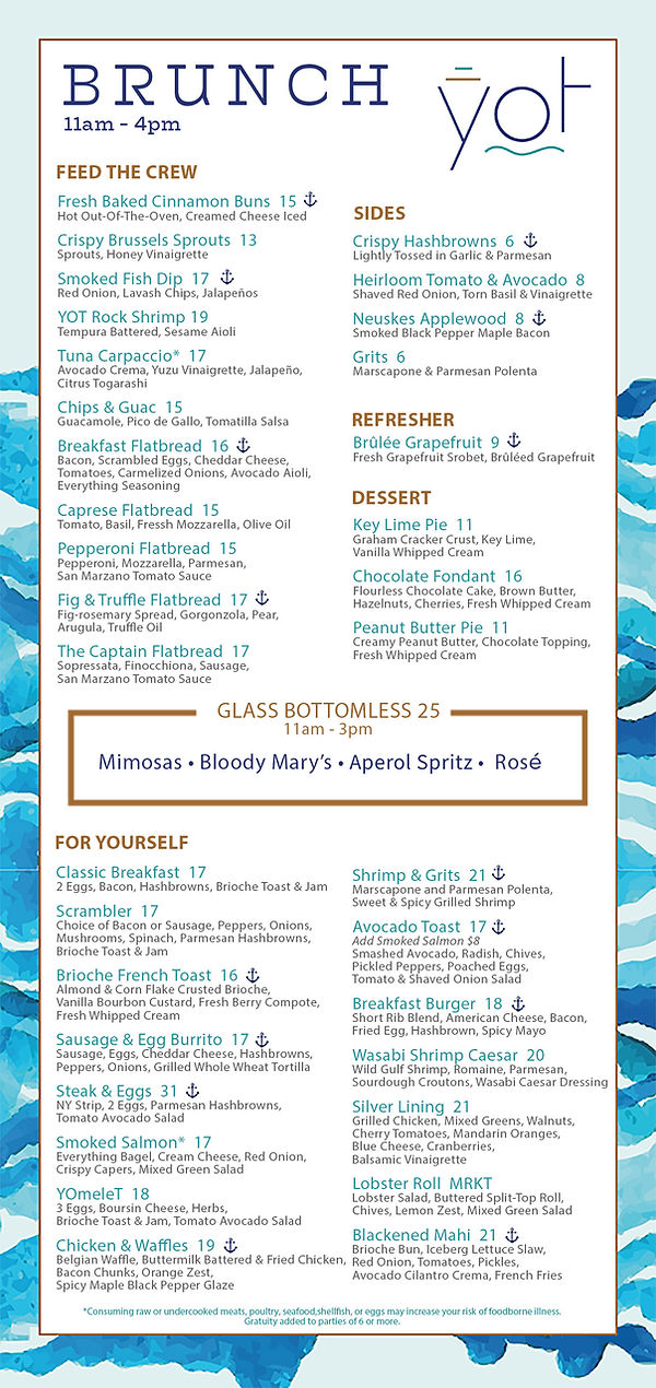 Menu YOT Bar & Kitchen Waterfront Restaurant Fort Lauderdale Flori
